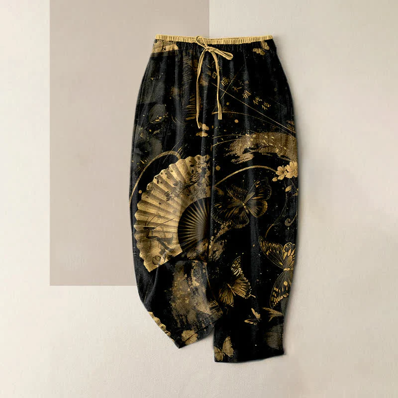 Buddha Stones Pantaloni da donna con elastico in vita e tasche, fantasia floreale a ventaglio con farfalle in lamina d'oro.