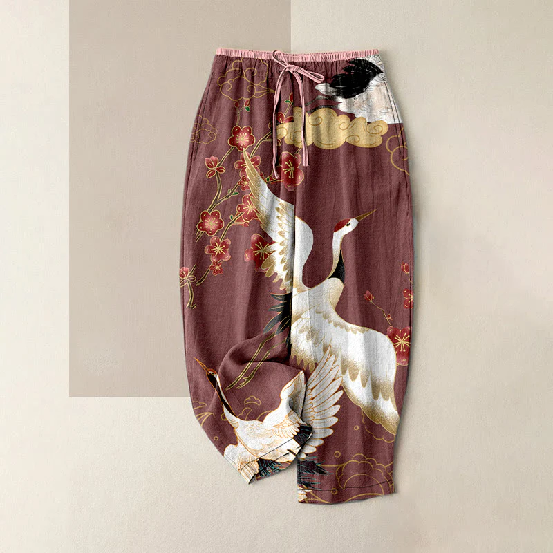 Buddha Stones Pantaloni da donna in cotone casual con elastico in vita e tasche, fantasia gru, fiori e nuvole di buon auspicio. - Image 5