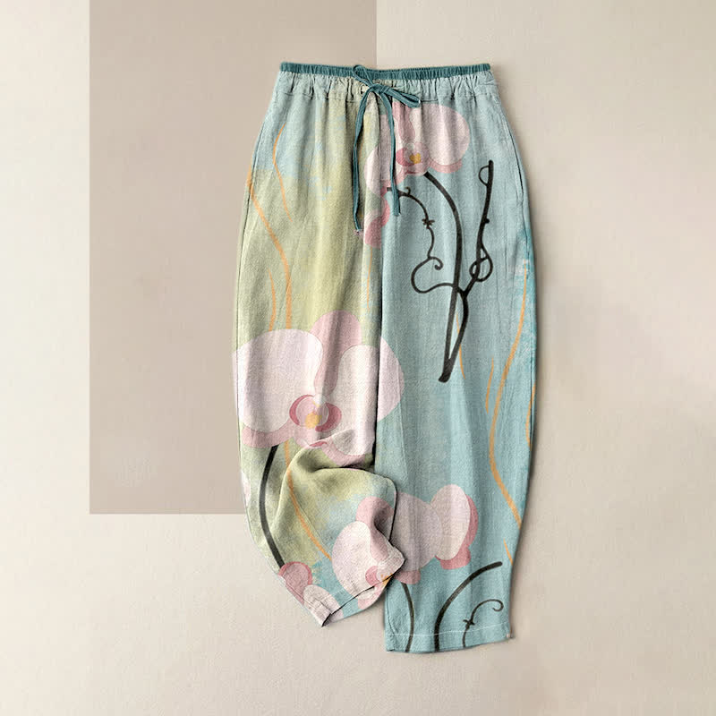 Buddha Stones Pantaloni da donna in cotone con stampa di orchidee, coulisse in vita elasticizzata e tasche.