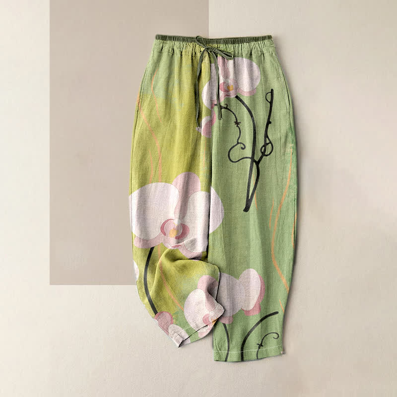Buddha Stones Pantaloni da donna in cotone con stampa di orchidee, coulisse in vita elasticizzata e tasche. - Image 4