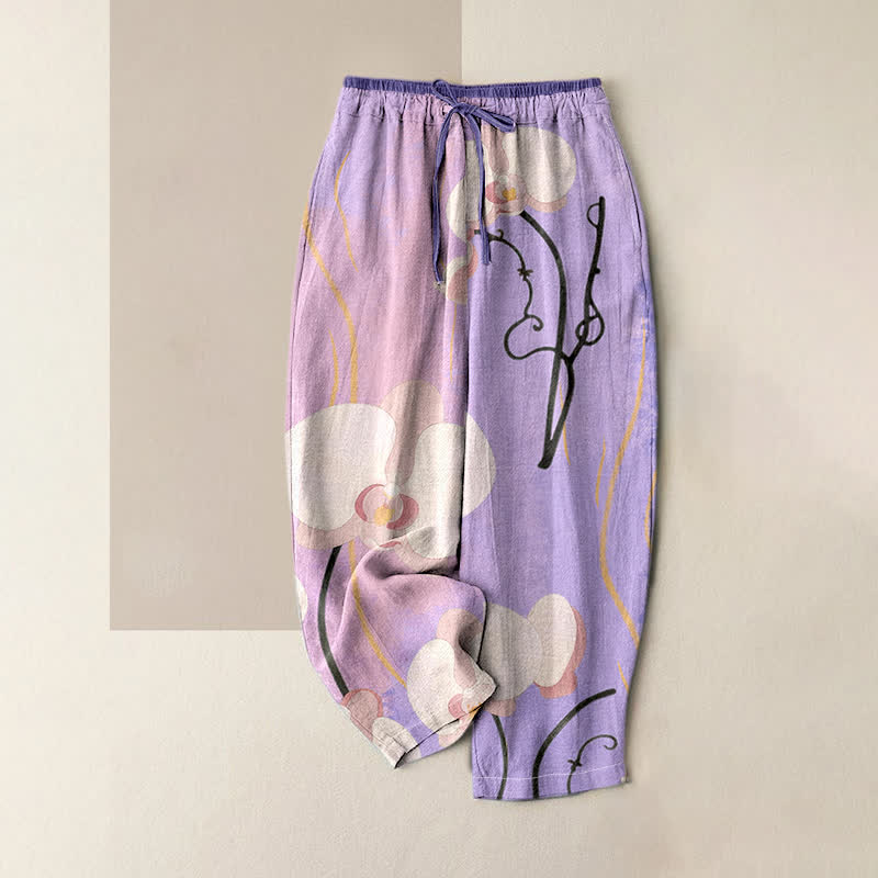 Buddha Stones Pantaloni da donna in cotone con stampa di orchidee, coulisse in vita elasticizzata e tasche. - Image 5