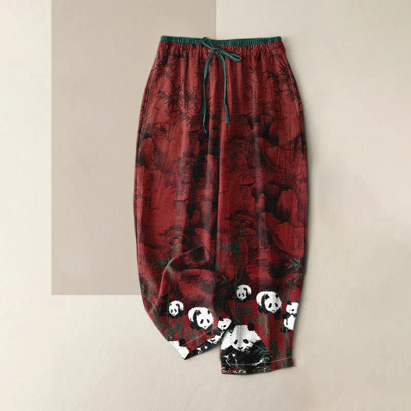 Buddha Stones Pantaloni da donna in cotone con stampa panda e bambù, vita elasticizzata e tasche. - Image 4