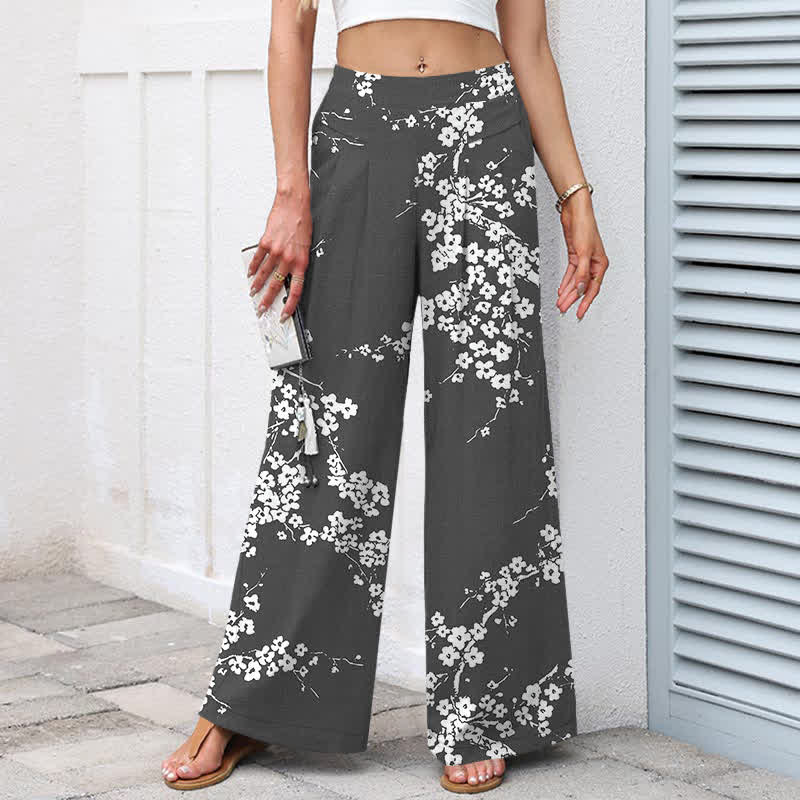 Buddha Stones Pantaloni da donna in cotone e lino bianchi con elastico in vita e gamba larga, fantasia a rami di ciliegio, con tasche. - Image 8