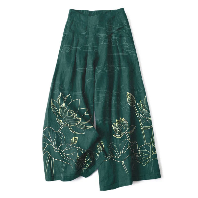 Buddha Stones Pantaloni da donna in cotone e lino con elastico in vita e gamba larga, fantasia a loto e tasche.