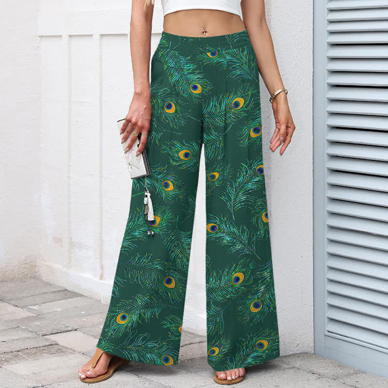 Buddha Stones Pantaloni da donna in cotone e lino con elastico in vita e gamba larga, fantasia a piume di pavone, con tasche. - Image 8