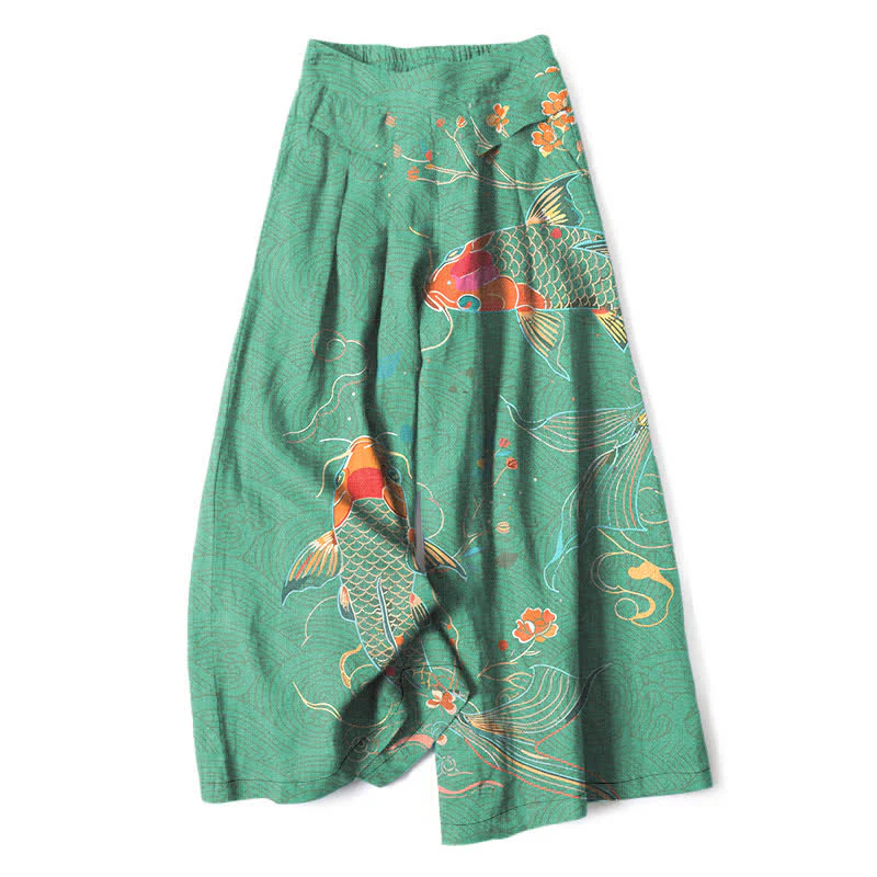 Buddha Stones Pantaloni da donna in cotone e lino con elastico in vita e gamba larga, fantasia floreale con pesci koi e tasche. - Image 7