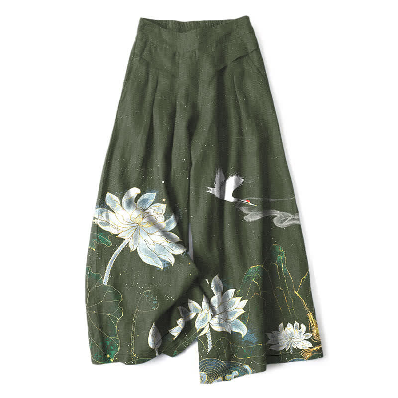 Buddha Stones Pantaloni da donna in cotone e lino con elastico in vita e gamba larga, fantasia loto e gru, con tasche. - Image 5
