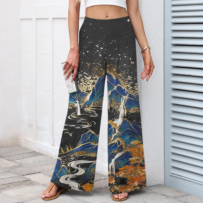 Buddha Stones Pantaloni da donna in cotone e lino con elastico in vita e gamba larga, fantasia paesaggio orientale, con tasche. - Image 2