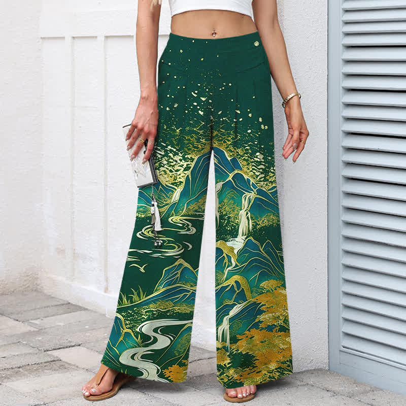 Buddha Stones Pantaloni da donna in cotone e lino con elastico in vita e gamba larga, fantasia paesaggio orientale, con tasche. - Image 8