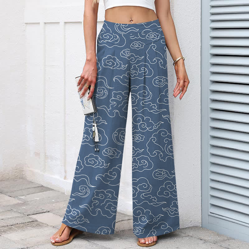 Buddha Stones Pantaloni da donna in cotone e lino con fantasia a nuvole, vita elasticizzata e gamba larga, con tasche. - Image 8