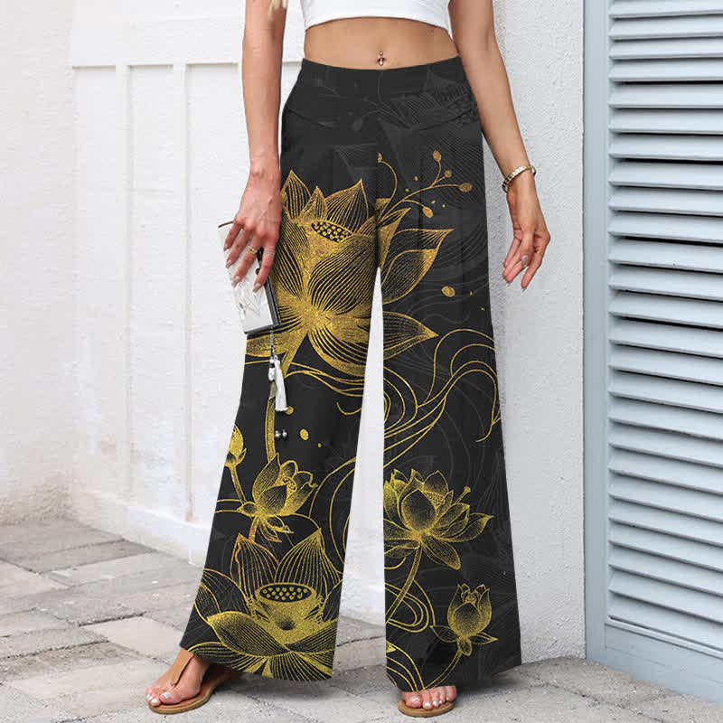 Buddha Stones Pantaloni da donna in cotone e lino con motivo a loto dorato, gamba larga e vita elasticizzata, con tasche. - Image 6