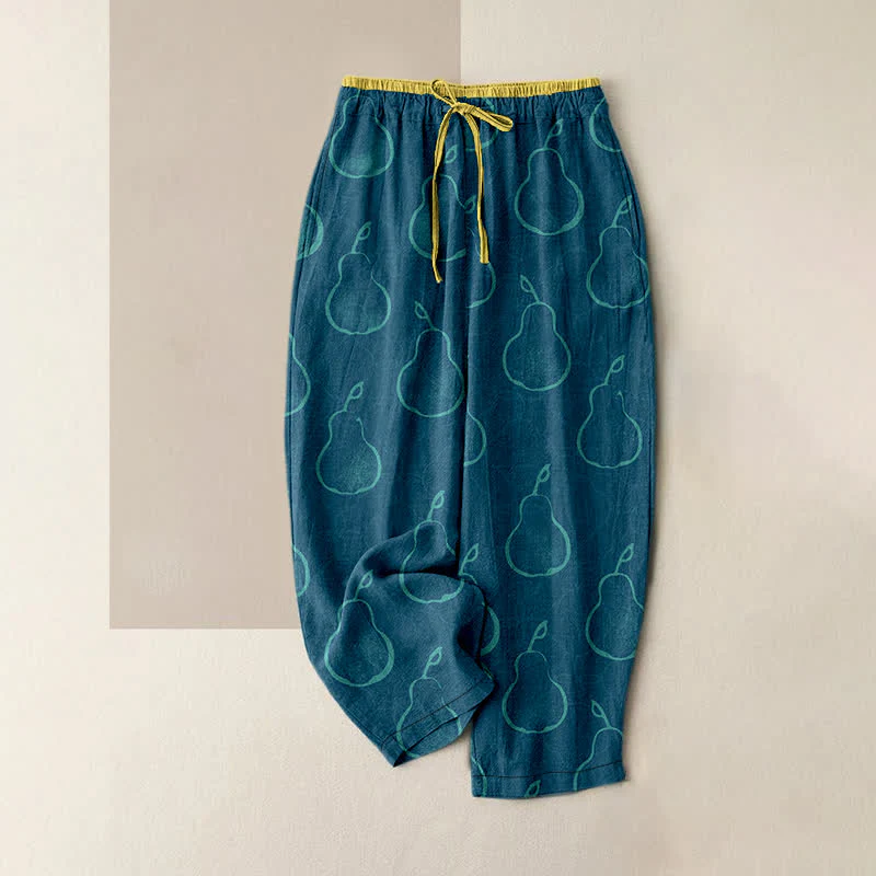 Buddha Stones Pantaloni da donna in puro cotone con delicato motivo a pere, elastico in vita e tasche. - Image 6