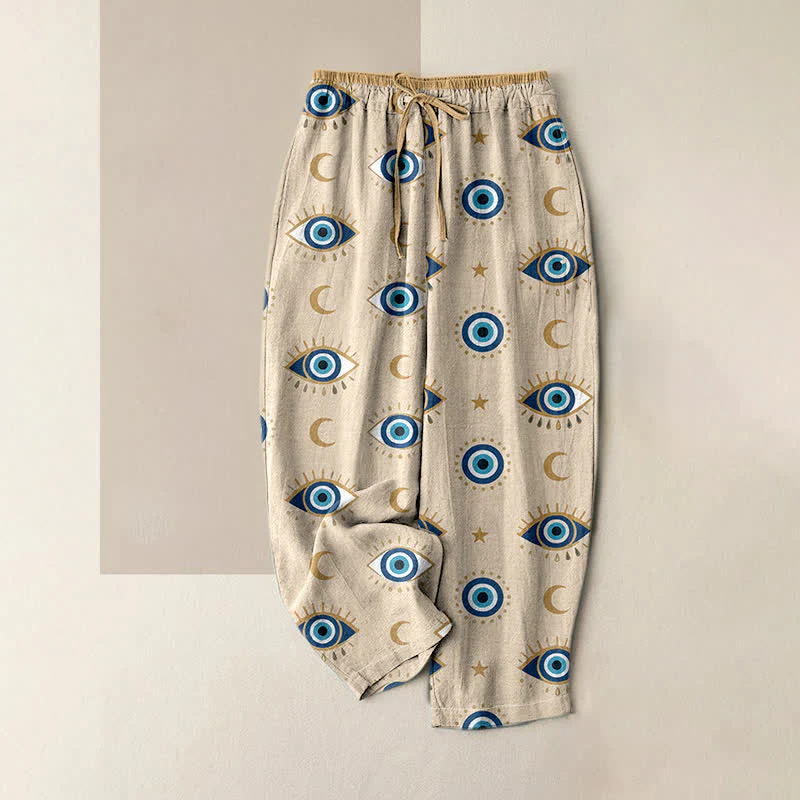 Buddha Stones Pantaloni da donna in puro cotone con elastico in vita e tasche, con stampa mistica dell'occhio di Allah. - Image 5