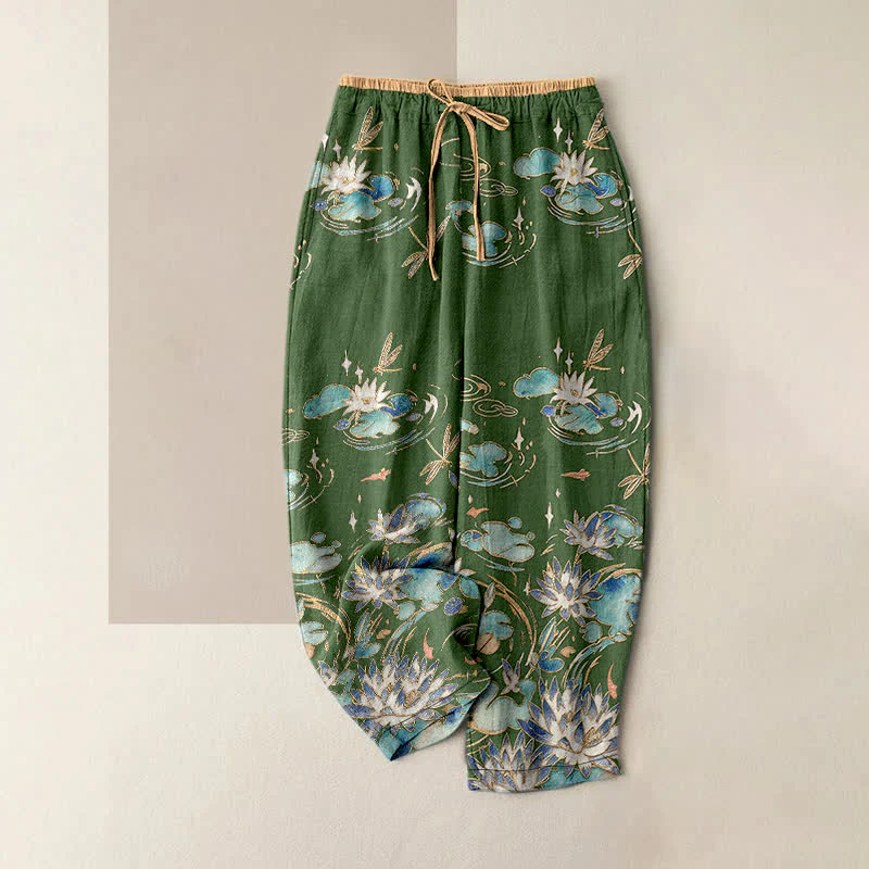 Buddha Stones Pantaloni da donna in puro cotone con elastico in vita e tasche, fantasia a onde di loto.
