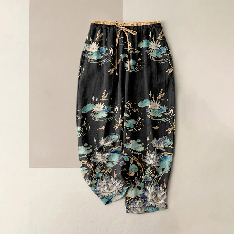 Buddha Stones Pantaloni da donna in puro cotone con elastico in vita e tasche, fantasia a onde di loto. - Image 6