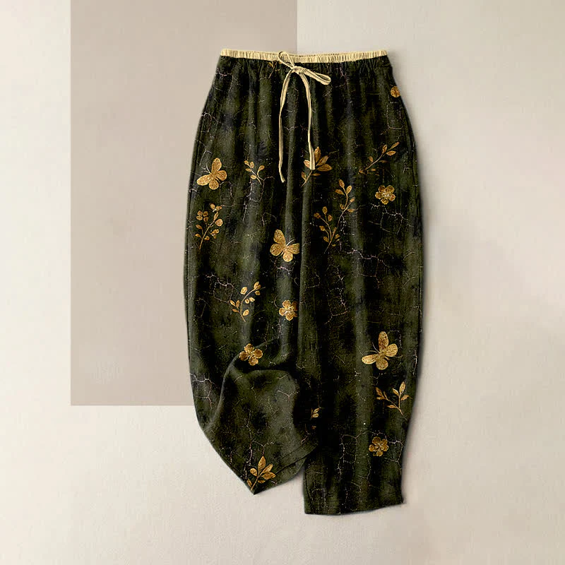 Buddha Stones Pantaloni da donna in puro cotone con elastico in vita e tasche, fantasia floreale a farfalle dorate.