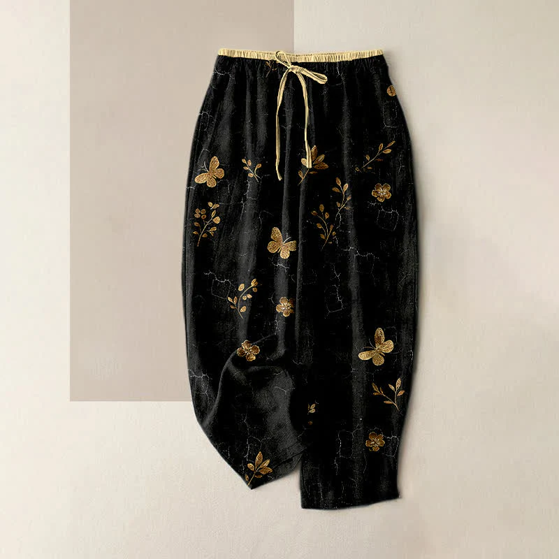 Buddha Stones Pantaloni da donna in puro cotone con elastico in vita e tasche, fantasia floreale a farfalle dorate. - Image 6