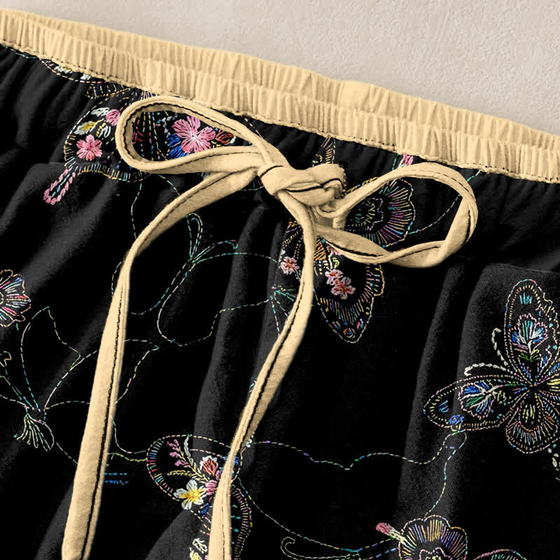 Buddha Stones Pantaloni da donna in puro cotone con elastico in vita e tasche, fantasia floreale vintage a farfalle. - Image 2