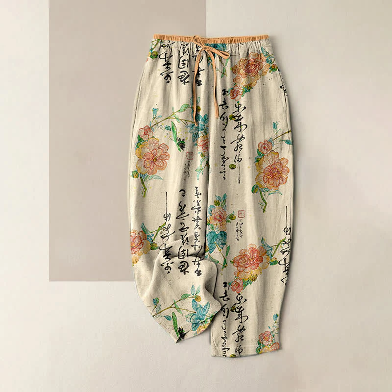 Buddha Stones Pantaloni da donna in puro cotone con elastico in vita e tasche, fantasia floreale vintage con calligrafia.