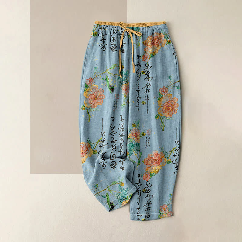 Buddha Stones Pantaloni da donna in puro cotone con elastico in vita e tasche, fantasia floreale vintage con calligrafia. - Image 5