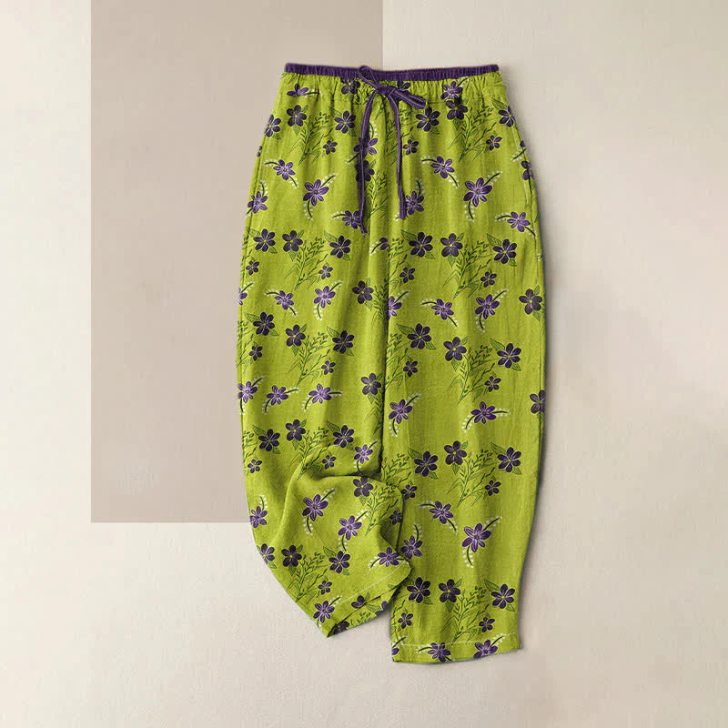 Buddha Stones Pantaloni da donna in puro cotone con elastico in vita e tasche, fantasia floreale viola a foglie, con motivo a foglie.