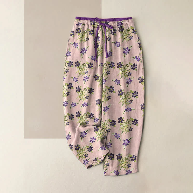Buddha Stones Pantaloni da donna in puro cotone con elastico in vita e tasche, fantasia floreale viola a foglie, con motivo a foglie. - Image 5