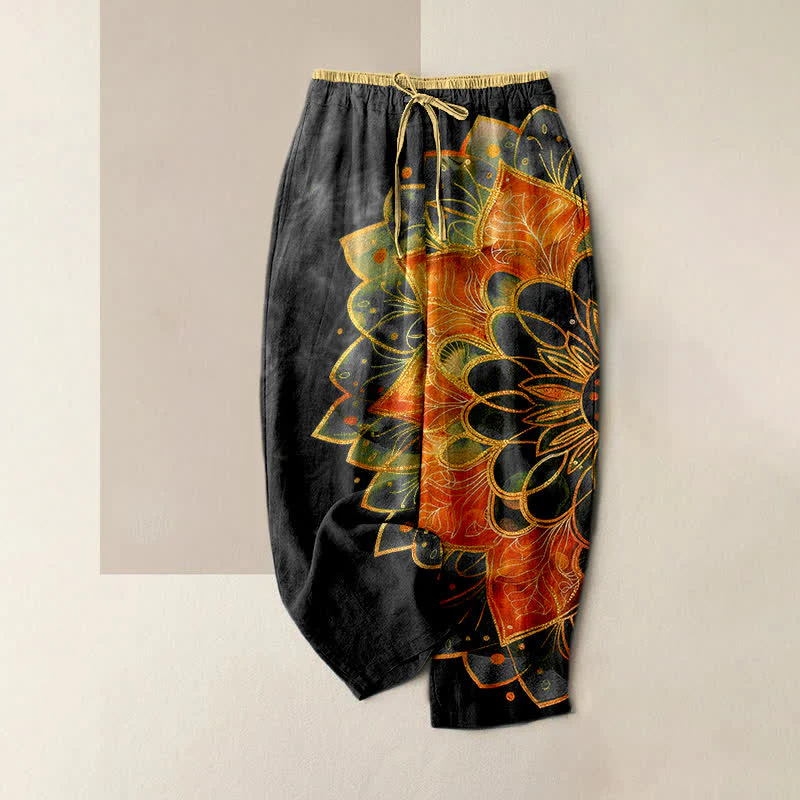 Buddha Stones Pantaloni da donna in puro cotone con elastico in vita e tasche, fantasia mandala dorata. - Image 6