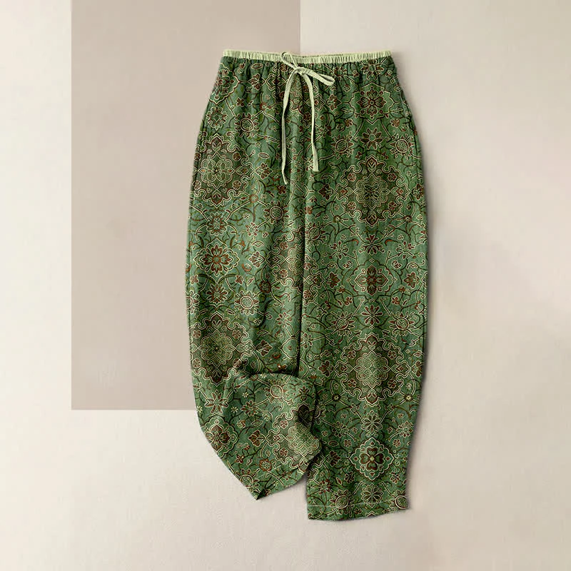 Buddha Stones Pantaloni da donna in puro cotone con fantasia floreale bohémien, elastico in vita e tasche. - Image 4