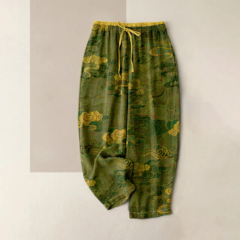 Buddha Stones Pantaloni da donna in puro cotone con motivo nuvole orientali, elastico in vita e tasche. - Image 4