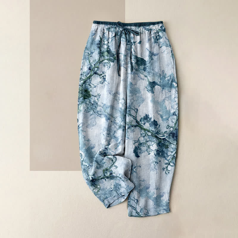 Buddha Stones Pantaloni da donna in puro cotone con stampa floreale e rami, con tasche. - Image 5