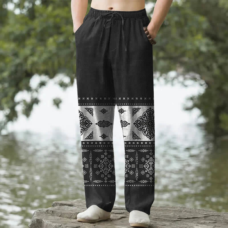 Buddha Stones Pantaloni da uomo affusolati con tasche, fantasia a mosaico e bandana in cotone.