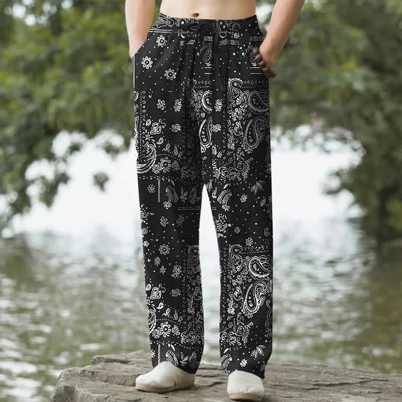 Buddha Stones Pantaloni da uomo affusolati con tasche, in cotone con motivo paisley a fiori di anacardi.