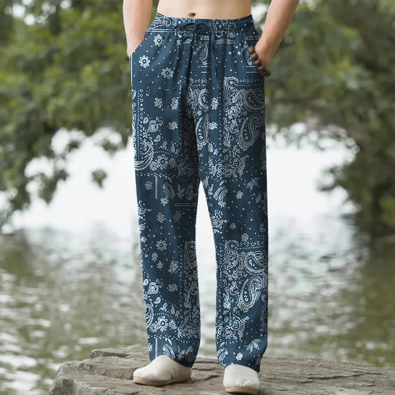 Buddha Stones Pantaloni da uomo affusolati con tasche, in cotone con motivo paisley a fiori di anacardi. - Image 5