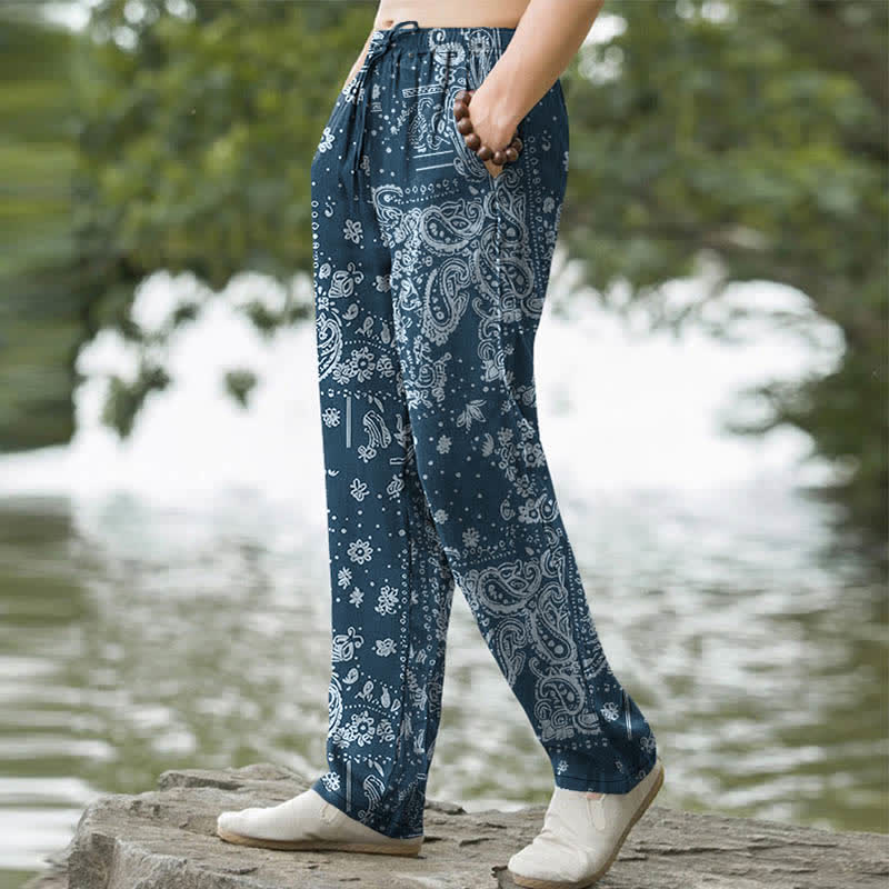 Buddha Stones Pantaloni da uomo affusolati con tasche, in cotone con motivo paisley a fiori di anacardi. - Image 6