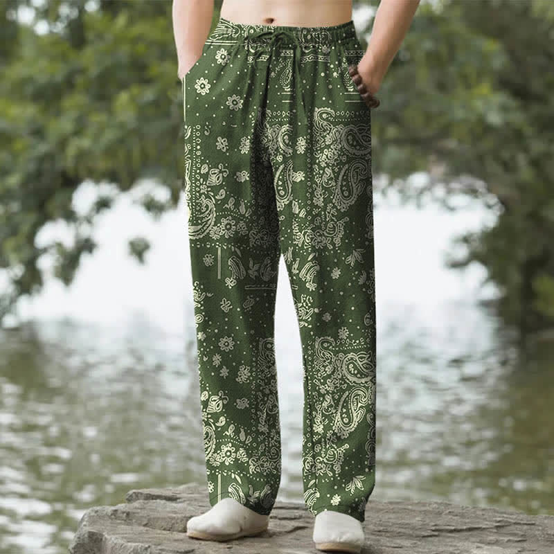 Buddha Stones Pantaloni da uomo affusolati con tasche, in cotone con motivo paisley a fiori di anacardi. - Image 7