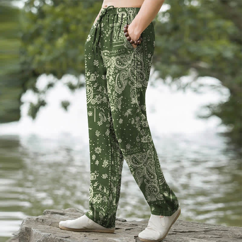 Buddha Stones Pantaloni da uomo affusolati con tasche, in cotone con motivo paisley a fiori di anacardi. - Image 8