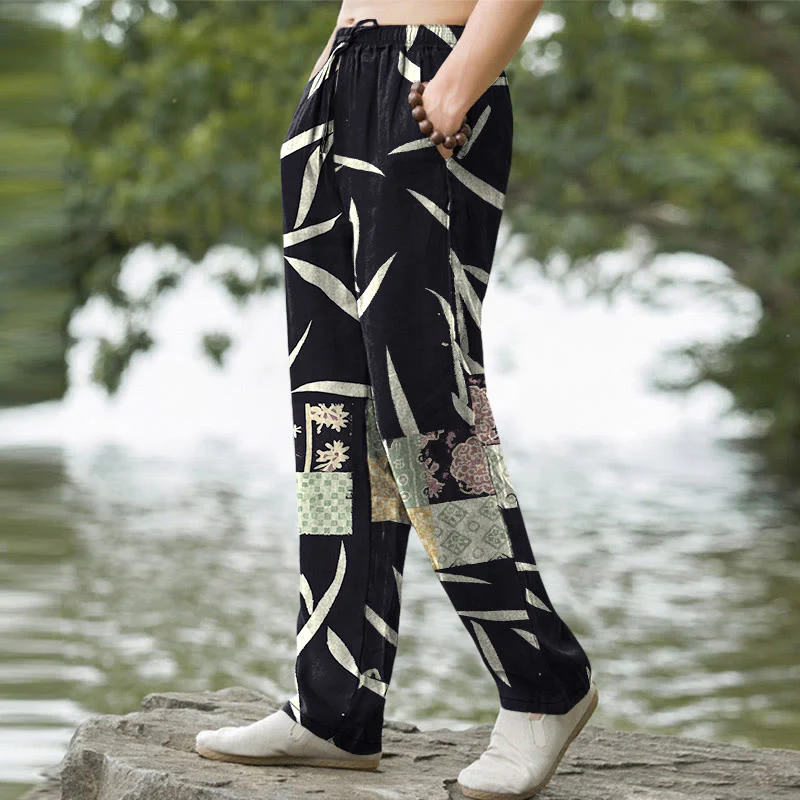Buddha Stones Pantaloni da uomo affusolati con tasche, in cotone con motivo patchwork a foglie di bambù. - Image 8