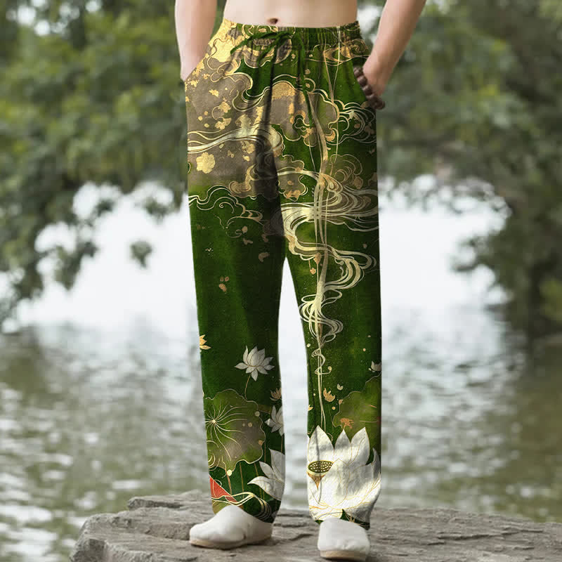 Buddha Stones Pantaloni da uomo affusolati in cotone con motivo a loto e nuvole, con tasche. - Image 9