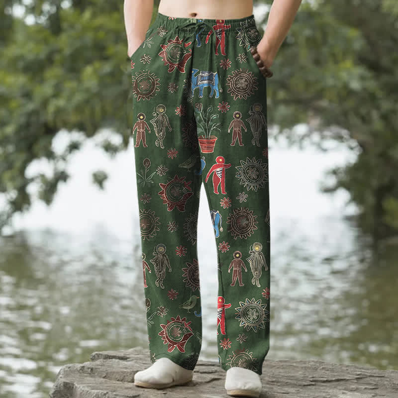 Buddha Stones Pantaloni da uomo affusolati in cotone con motivo a sole e tasche, stile bohémien. - Image 7