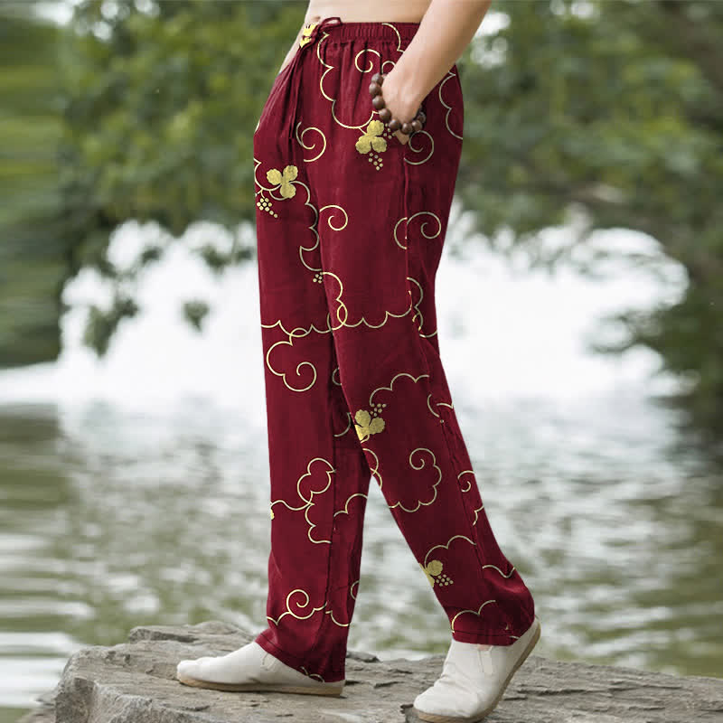 Buddha Stones Pantaloni da uomo affusolati in cotone con motivo floreale dorato e nuvole, con tasche. - Image 10