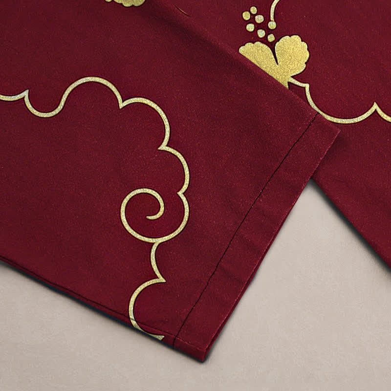 Buddha Stones Pantaloni da uomo affusolati in cotone con motivo floreale dorato e nuvole, con tasche. - Image 11
