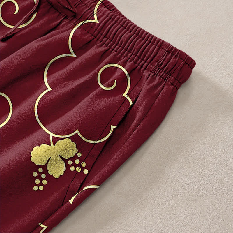 Buddha Stones Pantaloni da uomo affusolati in cotone con motivo floreale dorato e nuvole, con tasche. - Image 12