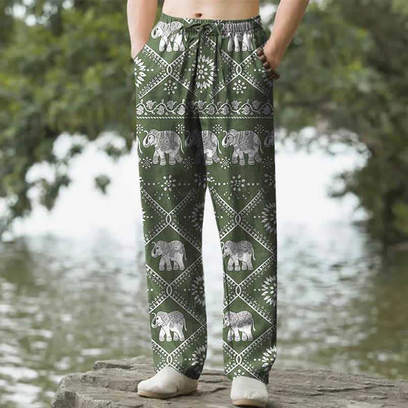 Buddha Stones Pantaloni da uomo affusolati in cotone con motivo mandala a elefanti e tasche. - Image 5
