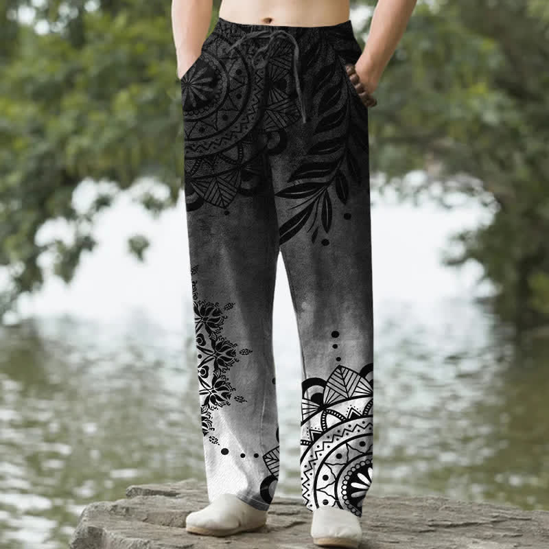 Buddha Stones Pantaloni da uomo affusolati in cotone con motivo mandala sfumato e tasche. - Image 9