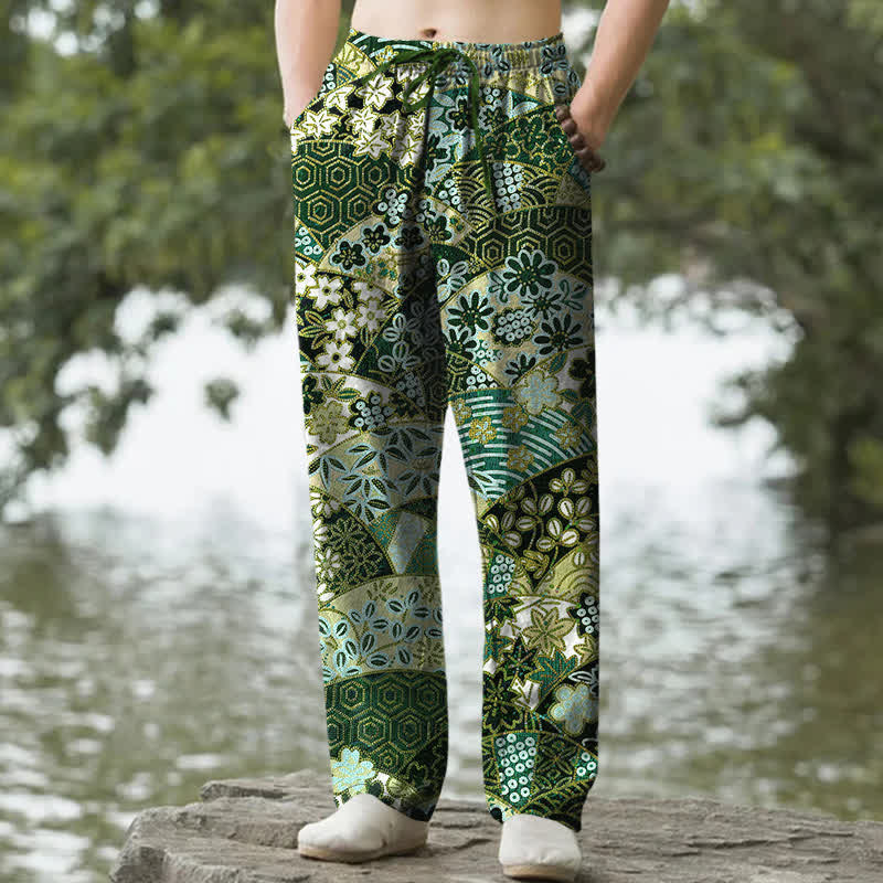 Buddha Stones Pantaloni da uomo affusolati in cotone con motivo patchwork bohémien e tasche. - Image 7