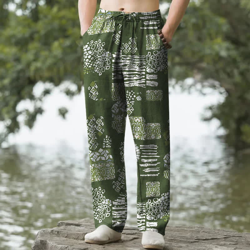 Buddha Stones Pantaloni da uomo affusolati in cotone con motivo patchwork geometrico e tasche. - Image 7
