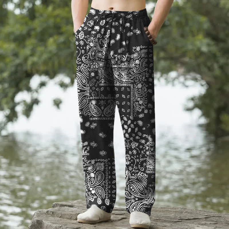 Buddha Stones Pantaloni da uomo affusolati in cotone con motivo patchwork paisley bianco e nero e tasche.