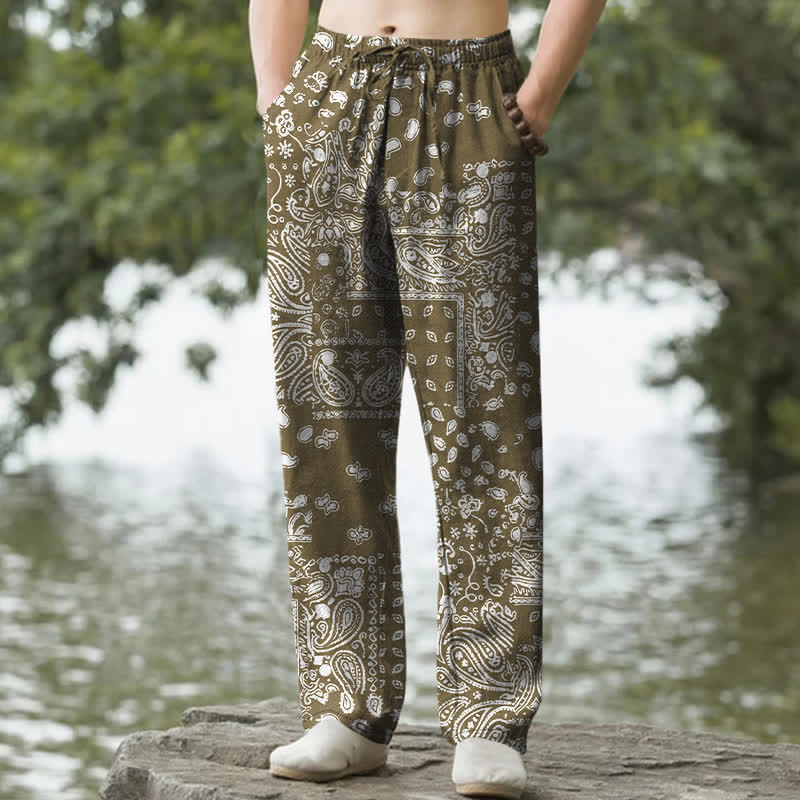 Buddha Stones Pantaloni da uomo affusolati in cotone con motivo patchwork paisley bianco e nero e tasche. - Image 7