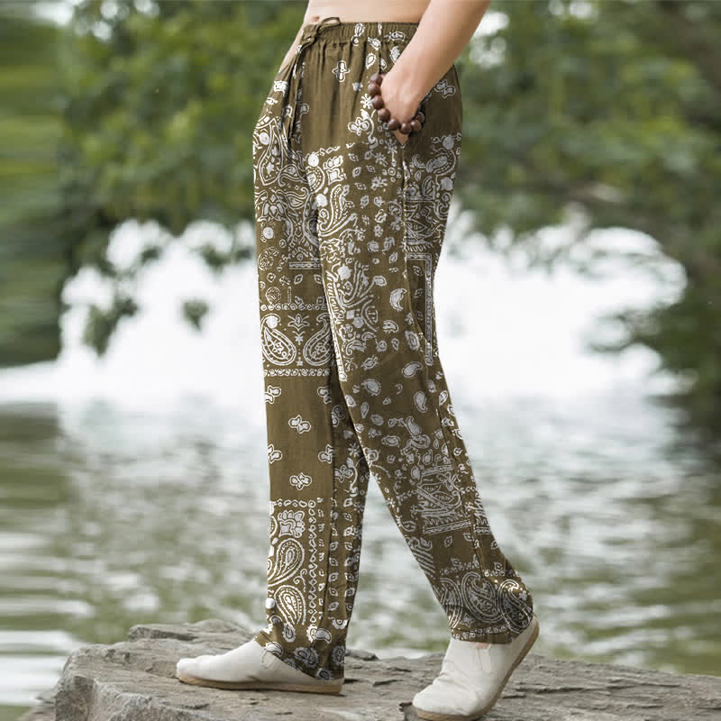 Buddha Stones Pantaloni da uomo affusolati in cotone con motivo patchwork paisley bianco e nero e tasche. - Image 8
