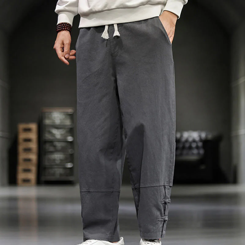 Buddha Stones Pantaloni da uomo in cotone con coulisse elastica in vita, bottoni a rana, lunghezza alla caviglia e tasche - Image 11